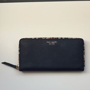 Kate Space Navy Blue Zippered Wallet with Floral Details